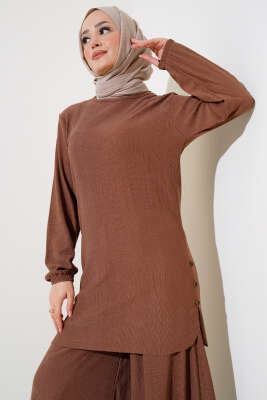 Yanları Düğme Detaylı İkili Takım Kahve - Thumbnail