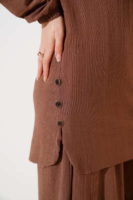 Yanları Düğme Detaylı İkili Takım Kahve - Thumbnail