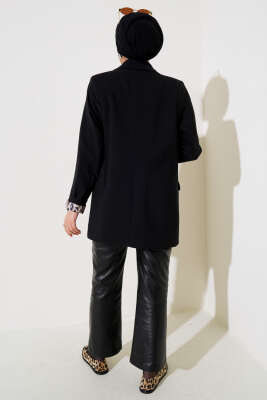 Leopar Astarlı Cep Kapaklı Ceket Siyah - Thumbnail