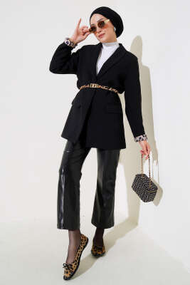 Leopar Astarlı Cep Kapaklı Ceket Siyah - Thumbnail