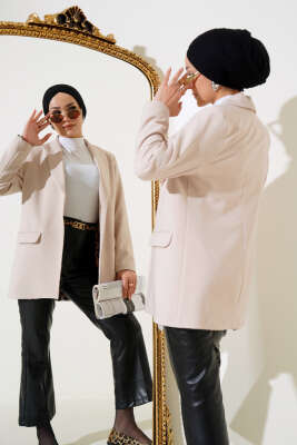 Pazarium - Leopar Astarlı Cep Kapaklı Ceket Bej