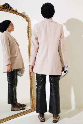 Leopar Astarlı Cep Kapaklı Ceket Bej - Thumbnail