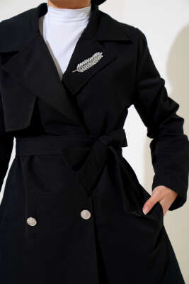 Yaprak Taşlı Pelerinli Trençkot Siyah - Thumbnail