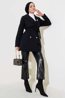 Yaprak Taşlı Pelerinli Trençkot Siyah - Thumbnail