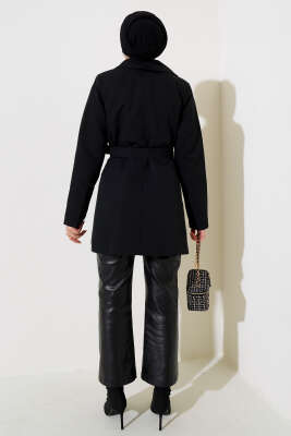 Yaprak Taşlı Pelerinli Trençkot Siyah - Thumbnail