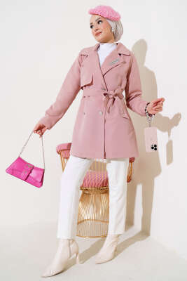 Yaprak Taşlı Pelerinli Trençkot Pudra - Thumbnail