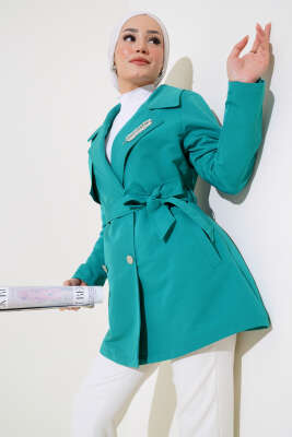 Yaprak Taşlı Pelerinli Trençkot Petrol - Thumbnail