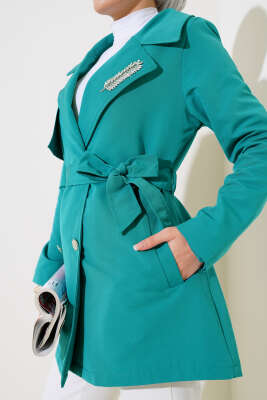 Yaprak Taşlı Pelerinli Trençkot Petrol - Thumbnail