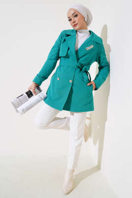 Yaprak Taşlı Pelerinli Trençkot Petrol - Thumbnail