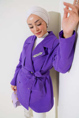 Pazarium - Yaprak Taşlı Pelerinli Trençkot Mor