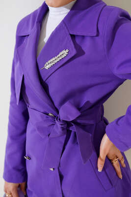 Yaprak Taşlı Pelerinli Trençkot Mor - Thumbnail