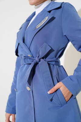 Yaprak Taşlı Pelerinli Trençkot İndigo - Thumbnail