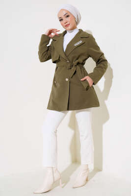Yaprak Taşlı Pelerinli Trençkot Haki - Thumbnail