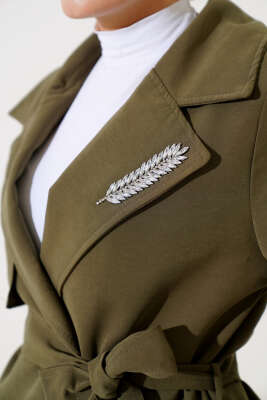 Yaprak Taşlı Pelerinli Trençkot Haki - Thumbnail