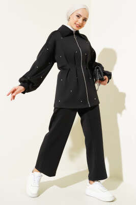 Taşlı Bel Pensli İkili Takım Siyah - Thumbnail