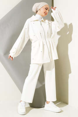 	 Taşlı Bel Pensli İkili Takım Beyaz - Thumbnail