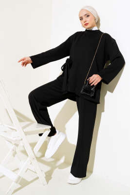 Pazarium - Yandan Bağlamalı Tunik İkili Takım Siyah