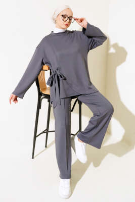 Pazarium - Yandan Bağlamalı Tunik İkili Takım Füme