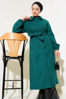 Pazarium - Önü Düğmeli Kuşaklı Kaşe Kaban Zümrüt