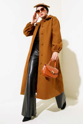 Önü Düğmeli Kuşaklı Kaşe Kaban Taba - Thumbnail