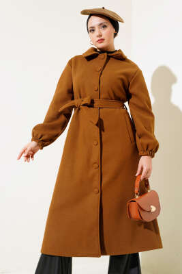 Önü Düğmeli Kuşaklı Kaşe Kaban Taba - Thumbnail