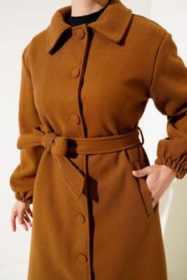 Önü Düğmeli Kuşaklı Kaşe Kaban Taba - Thumbnail