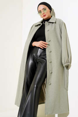 Önü Düğmeli Kuşaklı Kaşe Kaban Fıstık Yeşili - Thumbnail