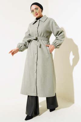 Önü Düğmeli Kuşaklı Kaşe Kaban Fıstık Yeşili - Thumbnail