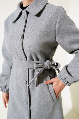 Önü Düğmeli Kuşaklı Kaşe Kaban Gri - Thumbnail