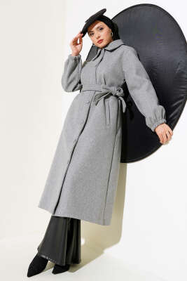 Önü Düğmeli Kuşaklı Kaşe Kaban Gri - Thumbnail