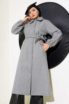 Önü Düğmeli Kuşaklı Kaşe Kaban Gri - Thumbnail