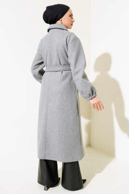 Önü Düğmeli Kuşaklı Kaşe Kaban Gri - Thumbnail