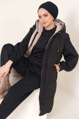 Pazarium - Fermuarlı Çift Taraflı Şişme Yelek Siyah Bej