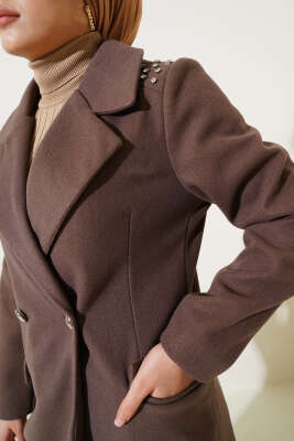 Omuz Taşlı Kaşe Kaban Kahve - Thumbnail