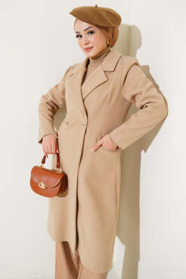 Omuz Taşlı Kaşe Kaban Bej - Thumbnail