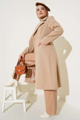 Omuz Taşlı Kaşe Kaban Bej - Thumbnail