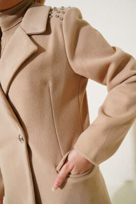 Omuz Taşlı Kaşe Kaban Bej - Thumbnail