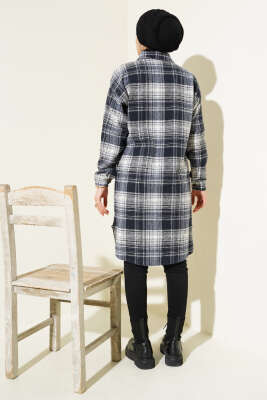 Tahta Düğmeli Uzun Oduncu Gömlek Lacivert - Thumbnail