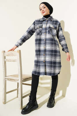 Tahta Düğmeli Uzun Oduncu Gömlek Lacivert - Thumbnail