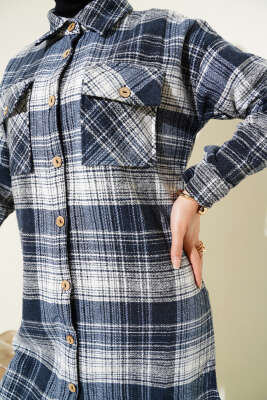 Tahta Düğmeli Uzun Oduncu Gömlek Lacivert - Thumbnail