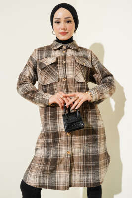 Tahta Düğmeli Uzun Oduncu Gömlek Kahve - Thumbnail