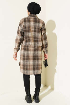 Tahta Düğmeli Uzun Oduncu Gömlek Kahve - Thumbnail