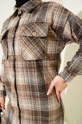 Tahta Düğmeli Uzun Oduncu Gömlek Kahve - Thumbnail