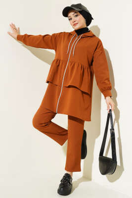 Pazarium - Fermuarlı Fırfırlı Dabıl İkili Takım Taba