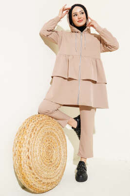 Pazarium - Fermuarlı Fırfırlı Dabıl İkili Takım Bej