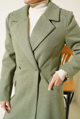 Omuz Taşlı Kaşe Kaban Çağla Yeşili - Thumbnail