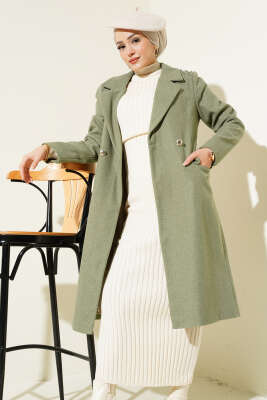 Omuz Taşlı Kaşe Kaban Çağla Yeşili - Thumbnail