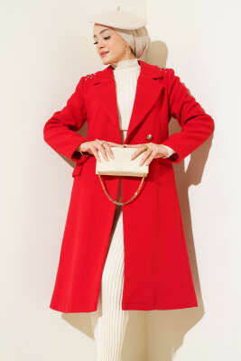 Pazarium - Omuz Taşlı Kaşe Kaban Kırmızı