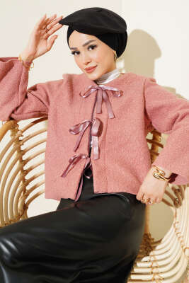 Kurdele Bağcıklı Buklet Ceket Gül Kurusu - Thumbnail