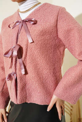 Kurdele Bağcıklı Buklet Ceket Gül Kurusu - Thumbnail